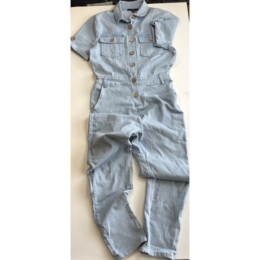 Haute Monde Blue Denim Button Front Short Sleeve Jumpsuit Size Medium